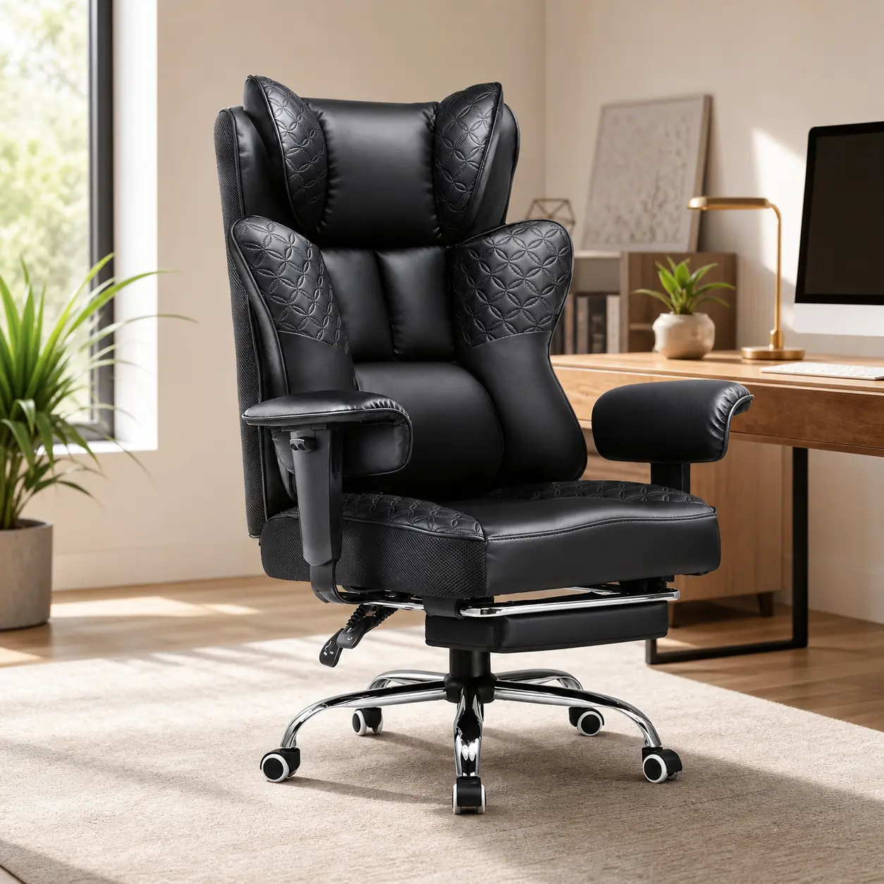 Heavy Duty King-Sized Luxurious PU Leather Classic Gaming Recliner Chair - Rolling Ergonomic Office Chair with 400lb Capacity, 150° Recline, Adjustable Footrest, Wide Embossed Throne Design, Spring Support, Man Cave Furniture