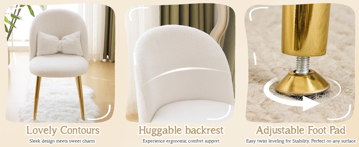 VINGLI Boucle Girls Vanity Chair with Back & Pillow,Cute Small Cozy Desk Chair No Wheels,Comfy Makeup Ch with Ajustable Gold Legs,for Bedroom,Living Room,Small Space