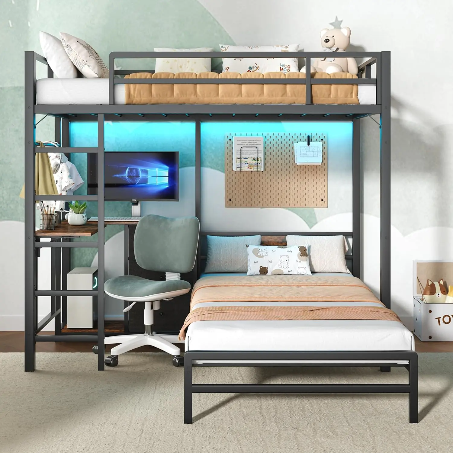 Bunk Bed with Folding Table, 3 storage drawers, made of metal, suitable for a single bed, equipped with LED lights and charging stations, bunk bed with safety railings and ladder, space-saving, black