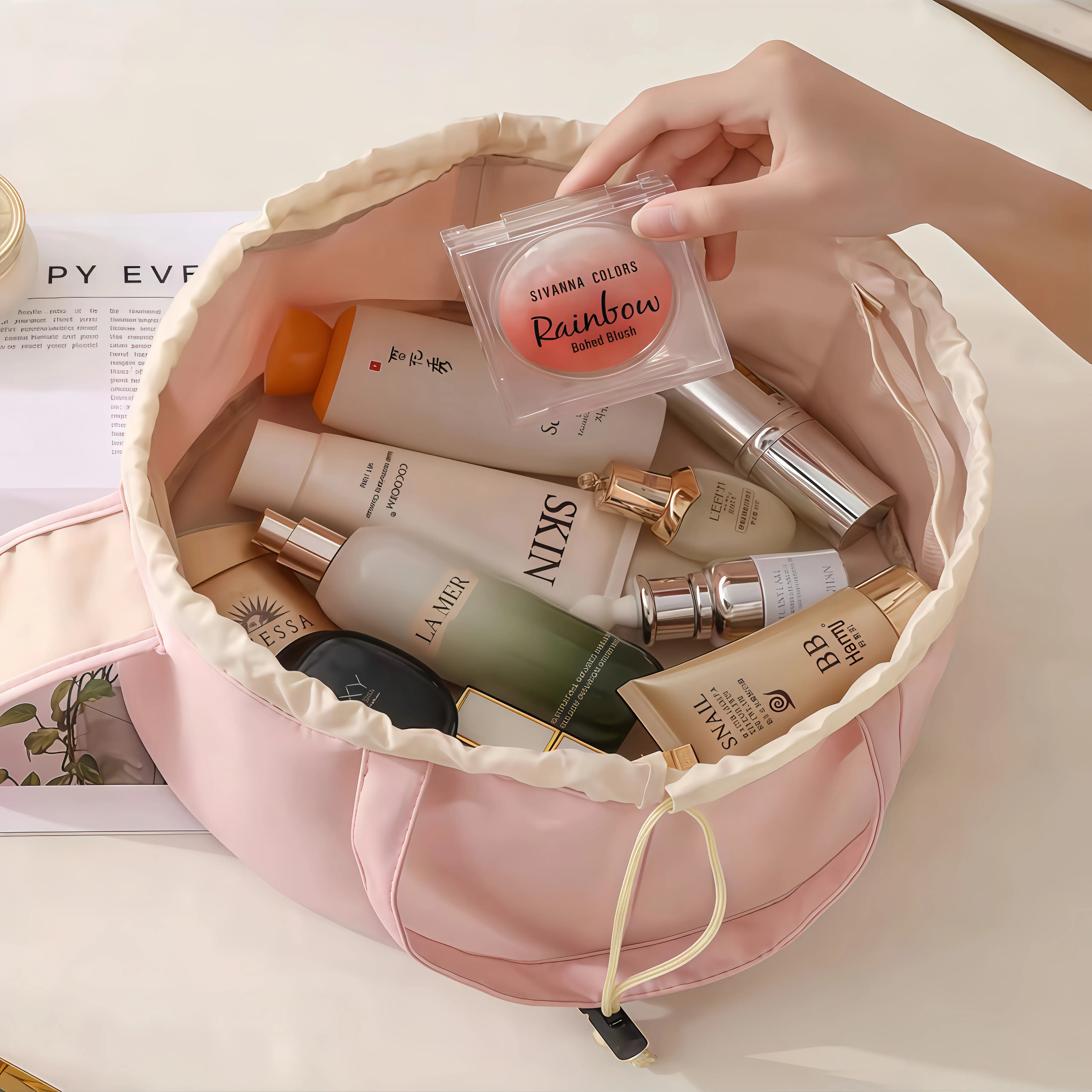 Women's Waterproof Drawstring Makeup Bag - Large Capacity, Compact, Durable, Easy to Wipe Clean Portable Toiletry Organizer, Travel Companion for Travel & Daily Beauty Product Storage, Beauty Products, Chic, Makeup Organization, Velcro, Plain, Portable Va