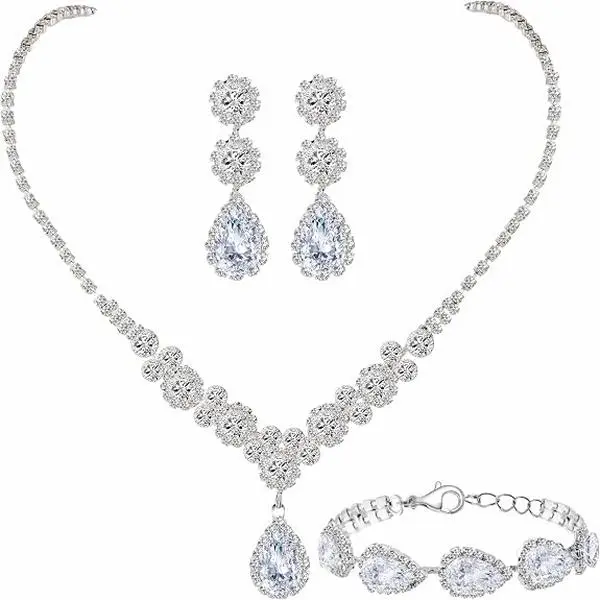 Elegant Silvery Rhinestone Bridal Jewelry Set - Sparkling Necklace, Earrings, and Bracelet for Weddings, Proms, and Formal Events, Bridesmaids Gift|Luxurious Accessory|Detailed Craftsmanship, Bridesmaid Jewelry