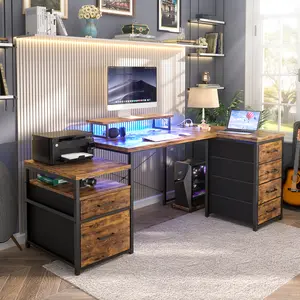 63 Inch L-Shaped Desk with Storage for Office, L Shaped Gaming Desk with Power Outlets & LED Lights, Computer Desk with Drawer, Monitor Stand and Removable CPU Stand, Large Storage, Gaming, Writing