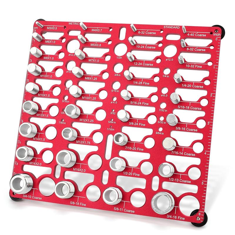Wall-Mountable Thread Checker Tool - Bugle Hardware Nut & Bolt Identifier Board, 55 Bolt Sizes & Gauge Set, 20+16 Metric/Std. Thread Set, 19 Drill Bit Gauge