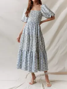 Women's Floral Print Patchwork Pleated Dress With Bubble Sleeves And Square Neck Casual Loose Summer Wear - Womenswear