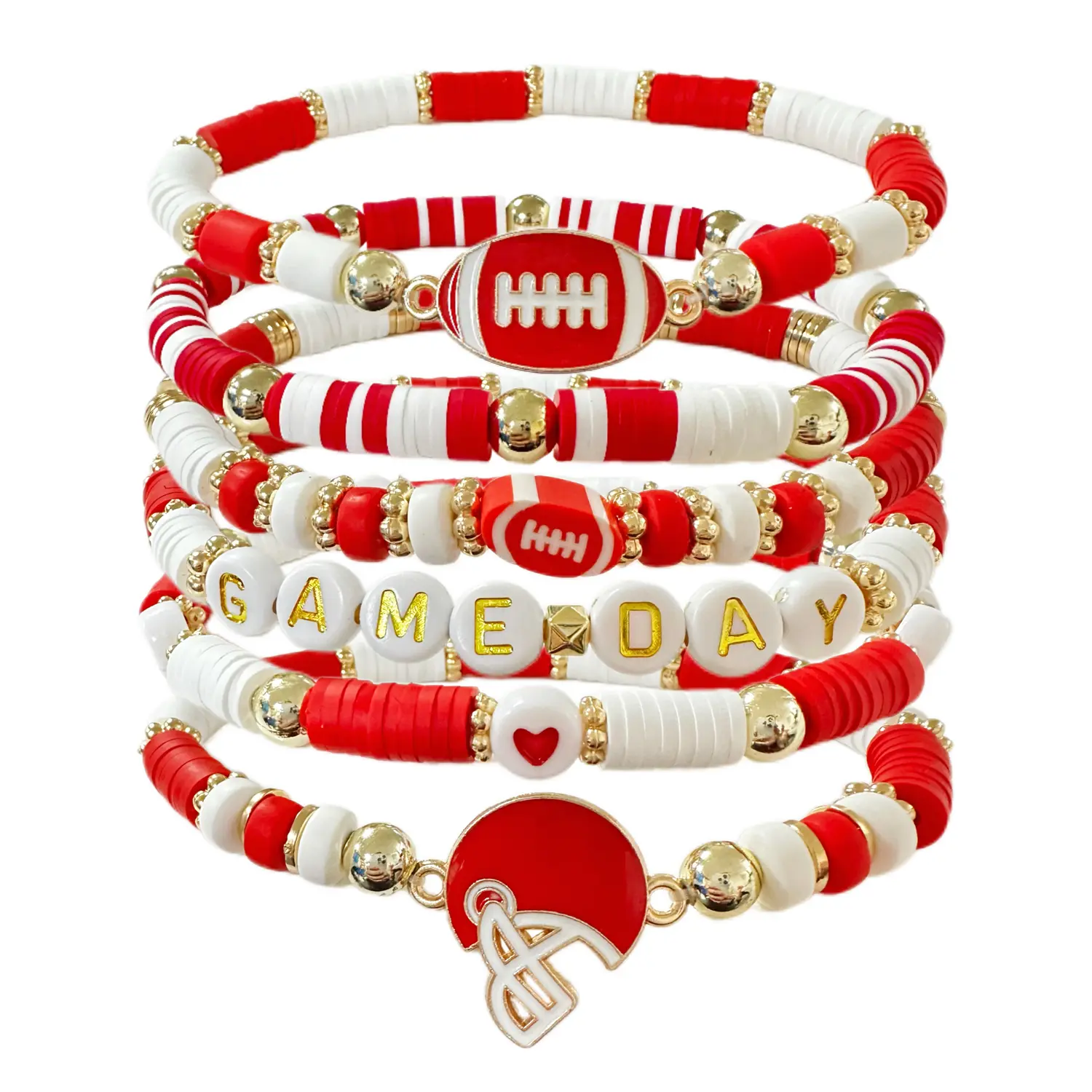 6PCS/Pack Game Day Football Beaded Charm Bracelet Sets - Stackable Inspirational Costume Jewelry, Perfect Jewelry Gifts for Football Fan Parents