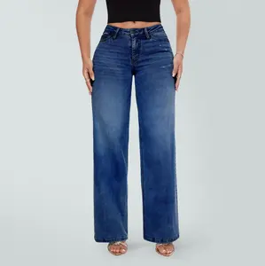 ONESO Wide Leg BBL Jeans Stretchy Mid Low Rise Denim Pants Womenswear Basic Glovia-Dark Blue Fitted Minimalist Bottoms
