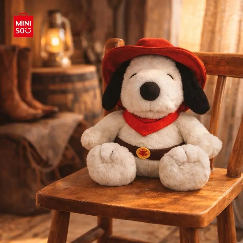 MINISO Snoopy Western Cowboy Series Sitting Plush Doll with Cowboy Hat, 11.8in Soft Fabric Cartoon IP Peripheral, Durable Stitching Aesthetic Room Plush, Ideal Gift for Fans, Bedroom Decoration (1PC)