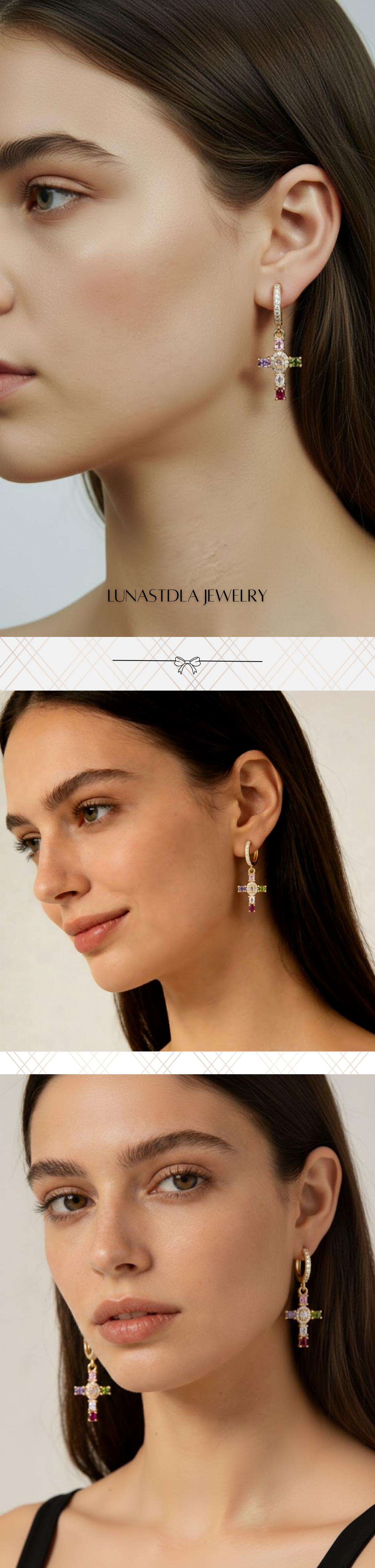 LunaStdla Rainbow Cross Hoop Earrings - Dainty Multicolour Zirconia Faith Cross Vintage Glam Y2K Vibes for Women Girls Suitable for Daily Outfits Church Festival Chrismas Gift for Girlfriend Mom