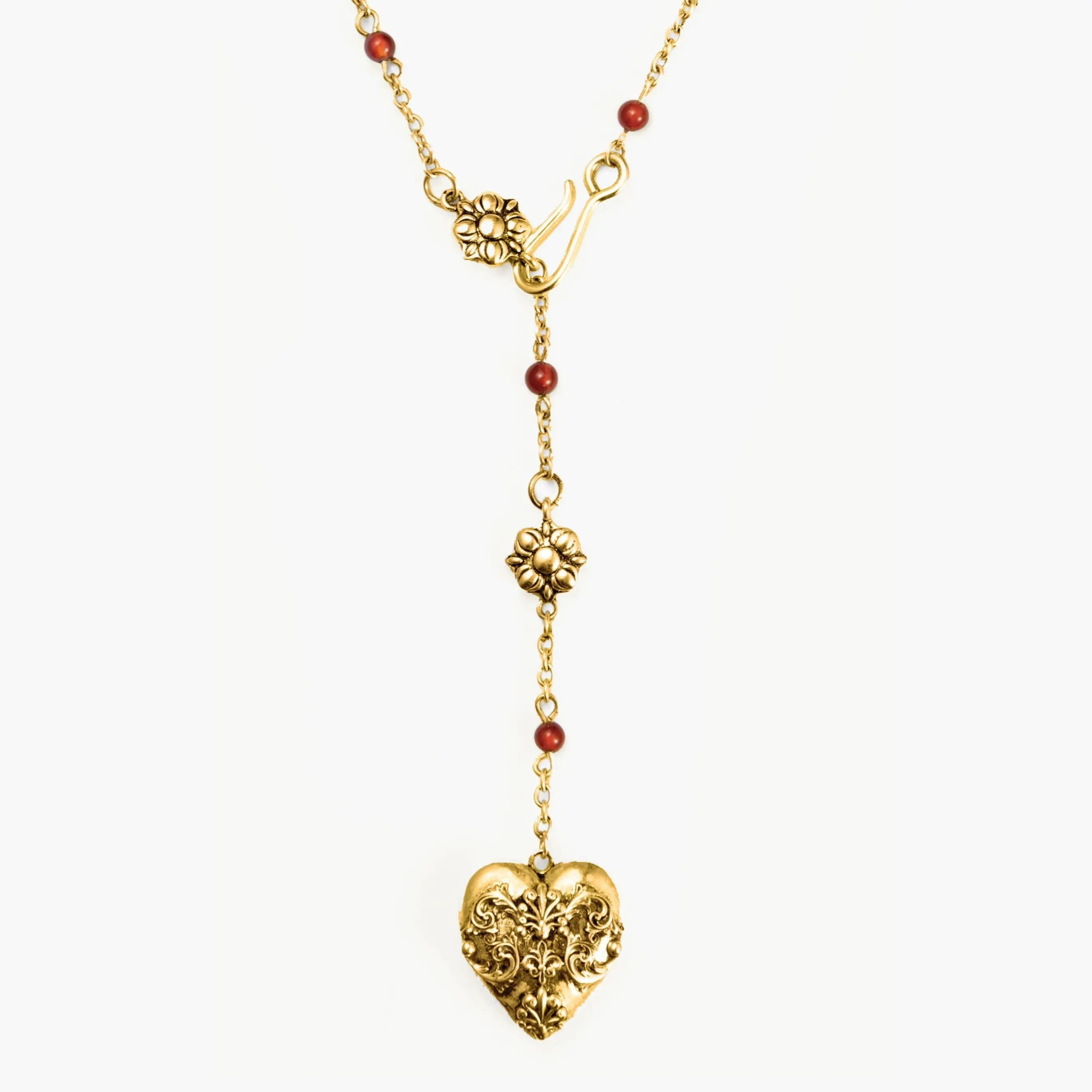 en route 18K Gold Plated Carnelian Veil Lariat Necklace in Gold, Lariat Silhouette with Floral Engraved Heart, Versatile Multi-Wear Hook, Vintage Garden Core Style, Birthday Treat or Date Night Glow