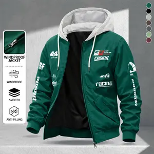 Men's stylish trendy versatile jacket with adjustable hood, featuring racing-themed print, windproof and abrasion-resistant surface design, suitable for competitions, street outings, attending racing-themed parties and gatherings, everyday casual wear, co
