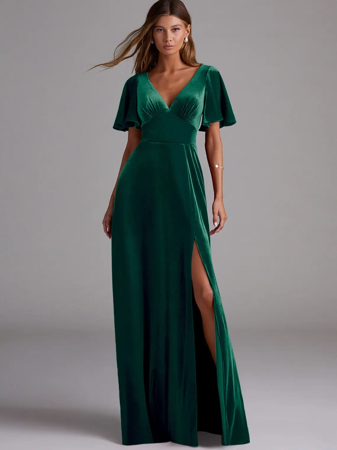 AZAZIE Kimber Women's A-Line Stretch Velvet Formal Dress, a V-Neck Wedding Guest Gown with Butterfly Sleeves, Pockets, and Leg Slit, Formal Wear