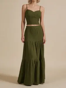 Women's Solid Crop Cami Top & A-Line Skirt Two-piece Set, Casual Fashion Cozy Outfits for Daily Outdoor Wear, Ladies Clothes for Summer Spring