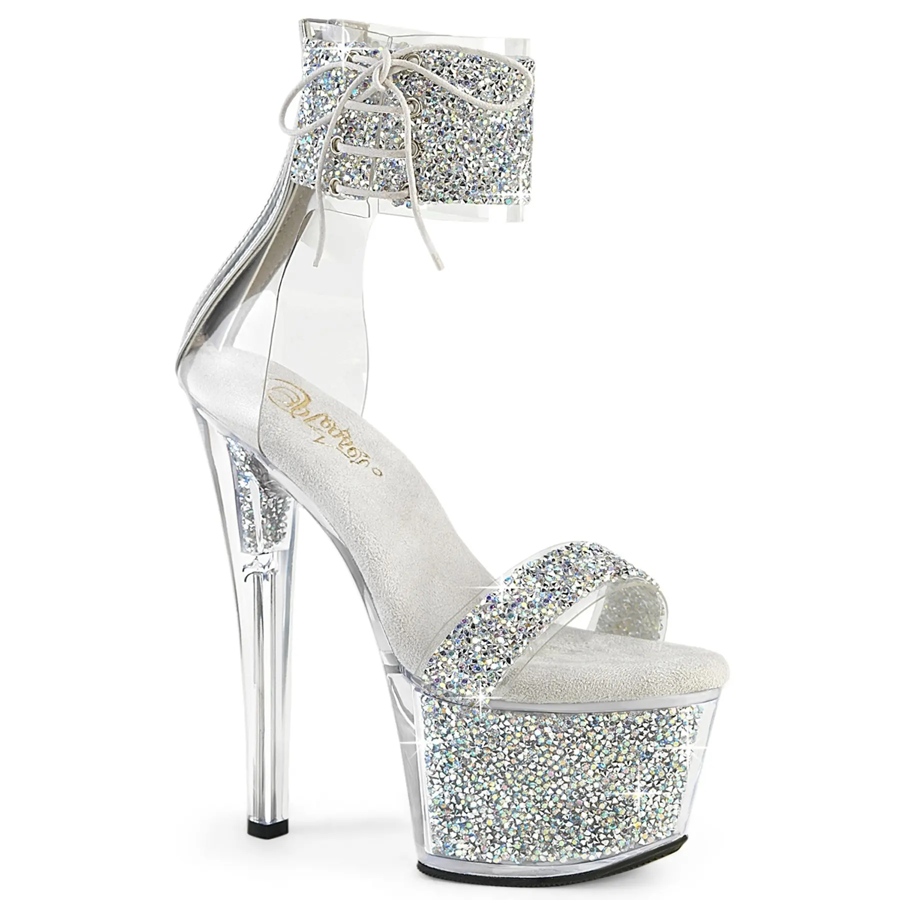 Pleaser Sky-327RSI Women's 2-Strap Open Toe High Wedge Heels - Sparkle Rhinestone Decor, 7" (178mm) Heel, 2 3/4" (70mm) Platform, Classy Sandal, Statement Shoes, Elegant Fashion Footwear, Double Strap, Party