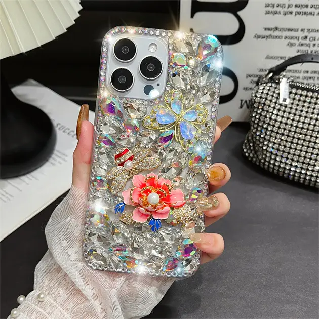 Compact Case for iPhone 17 Pro Max, Bling Butterfly Case, Cute Luxury Sparkle Glitter Diamond Crystal Rhinestone Protective Case Cover for Women Girls Flowers, Bee Design, Accessories, Smartphone