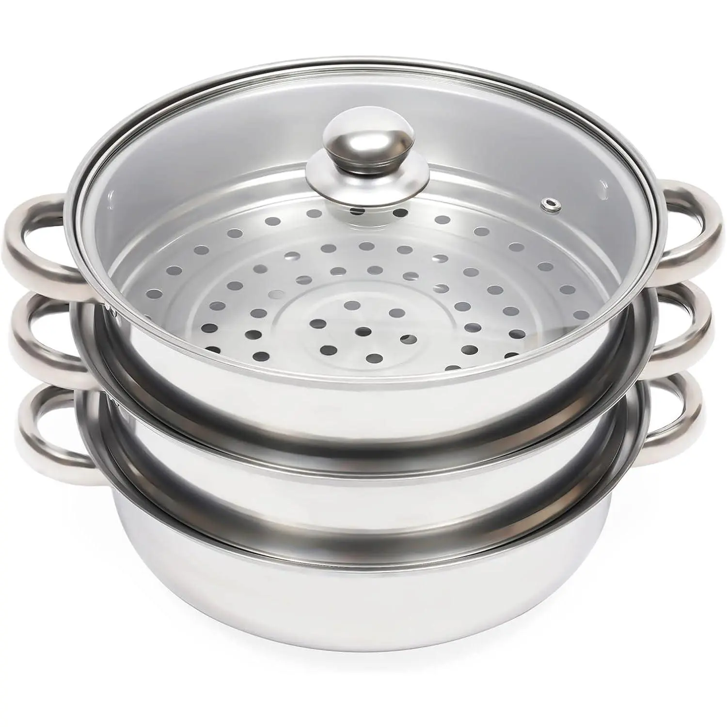 SummerVibes 12.8in 3-Tier High Capacity Stainless Steel Multi-Function Home Steamer Pot Cookware with Lid - Food & Water Steamer for Vegetables, Stock, Steamer Food