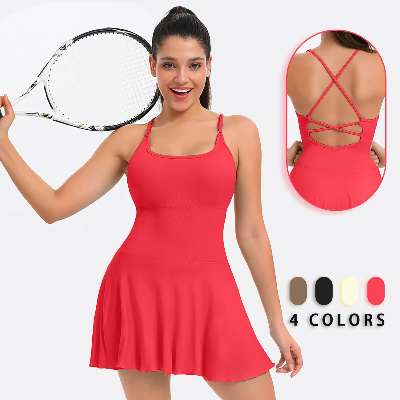 Women's Flowy Tennis Dress with Built in Shorts & Bra Spaghetti Crossover Back Strap Athletic Workout Active Jumpsuit