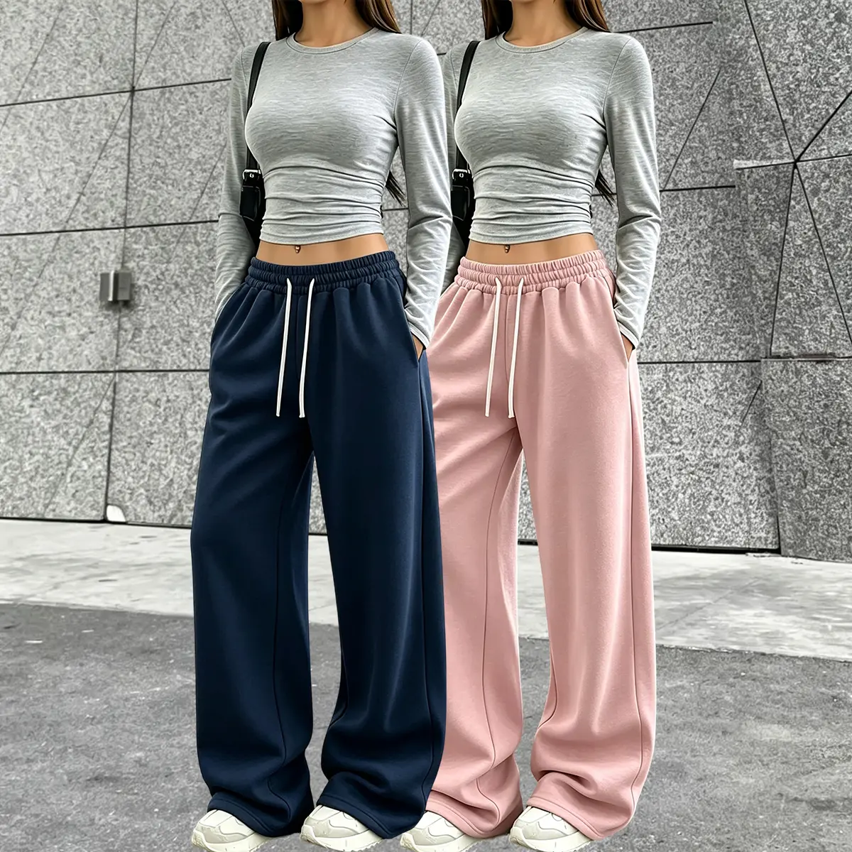 Two-pack women’s new athletic casual long pants, straight-leg design, solid color with pockets, breathable and comfortable, suitable for everyday activities.
