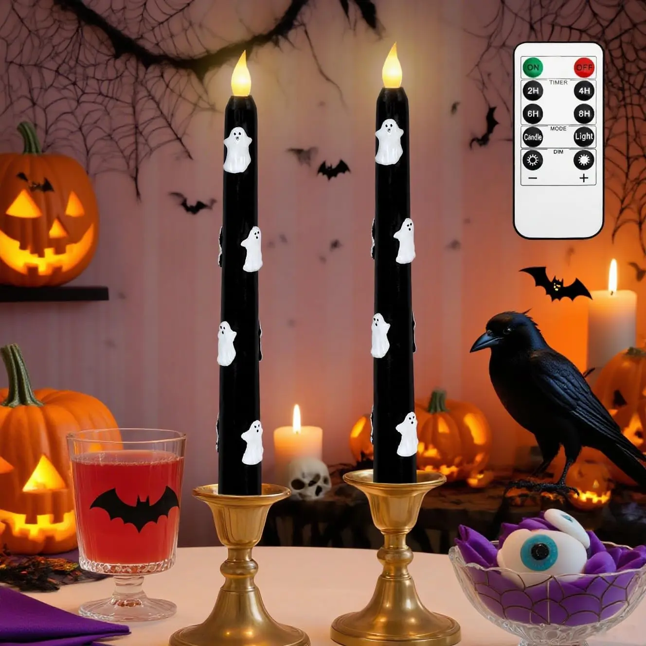 Impress Life 2-Pack Halloween Flameless Taper Sculpture Candles - Battery-Operated Black Wax LED Flickering Candlesticks with Carved White Ghosts, Remote-Controlled for Spooky Horror Decor