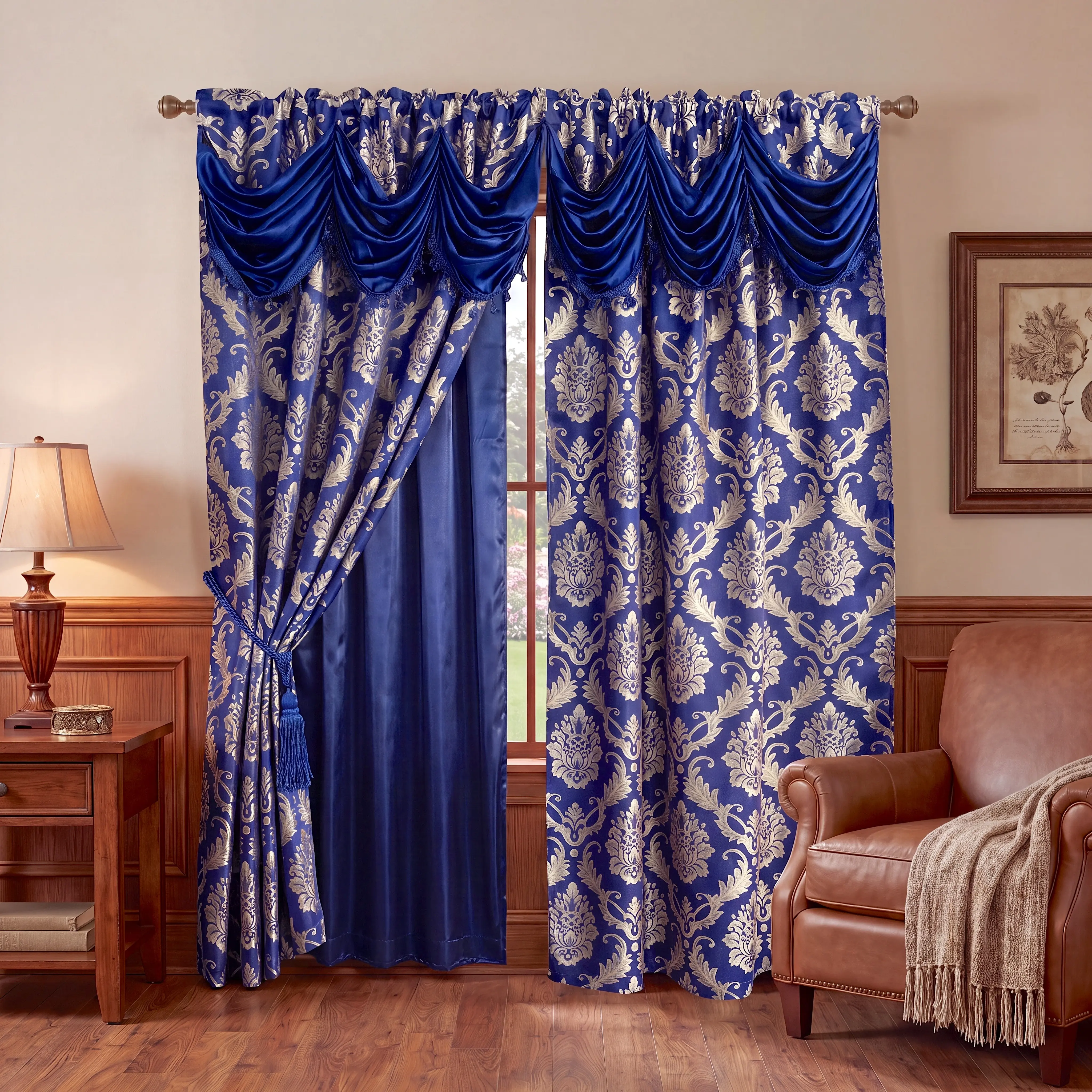 Baroque Damask Curtain Set 2 Panels 52x84 95 102 110 Inch with Attached Swag Waterfall Valance, Ornate Jacquard Double Layer Rod Pocket Drapes with Satin Blackout Liner, Fringe Trim Glam Decor for Formal Living Room Bedroom Dining JV1
