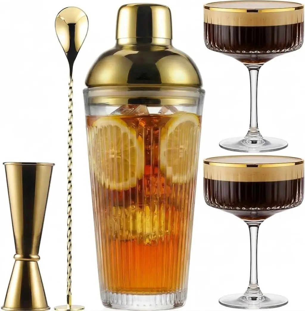 Gold Cocktail Shaker Set - 160oz Premium Stainless Steel & Glass Bartender Kit with Elegant Coupe Glasses, Gold Jigger, Mixing Spoon for Home Use & Gifting