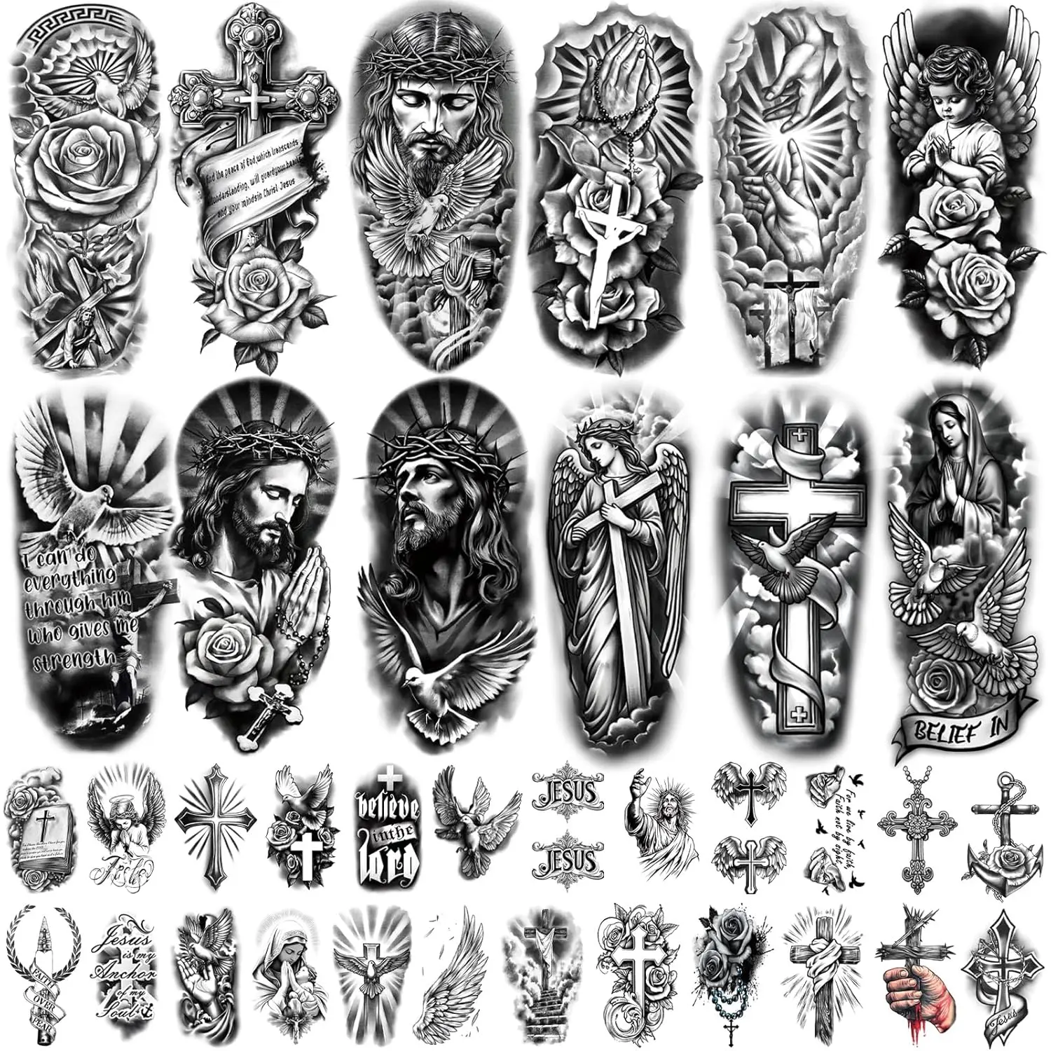 77 Sheets Christian Temporary Tattoos Men Adult, Realistic Fake Tattoos Christian, Jesus God Angels Religious Christ Cross Rosary Forearm Temp Tattoos for Men Women Kids Teen, Fake Tattoo Sleeve Tatto
