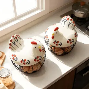 Farmhouse Ceramic Egg Basket with Metal Wire Frame & Lid – Decorative Chicken Egg Storage Organizer for Kitchen Counter, Fruits, Vegetables & Rustic Home Display