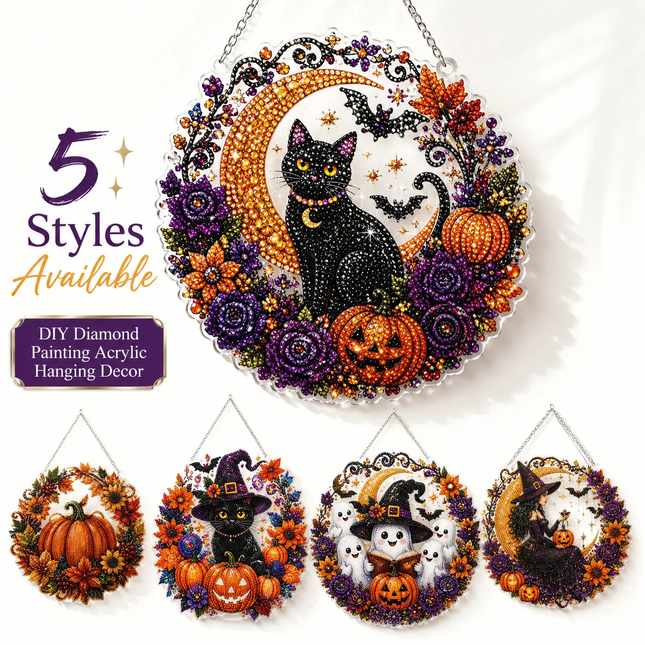 9.84 inches Halloween Diamond Painting Hanging Ornament Kit, Black Cat Moon, Skull & Pumpkin Acrylic Diamond Art Suncatcher, DIY Rhinestone Craft for Adults & Kids, Spooky Window Wall Decor Gift