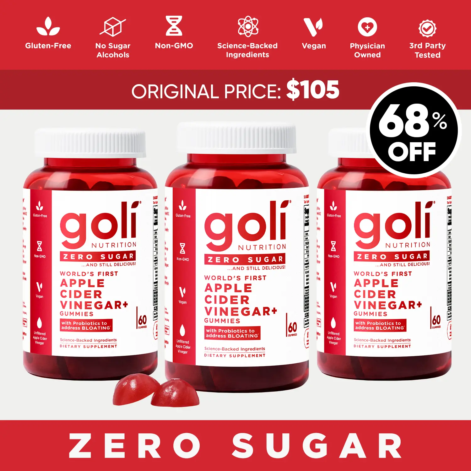 3 Bottles of Goli Zero Sugar World's First Apple Cider Vinegar Gummies - Vitamin B12, Probiotics to Address Bloating. Vegan, Plant Based, Non-GMO, Gluten-Free & Gelatin-Free