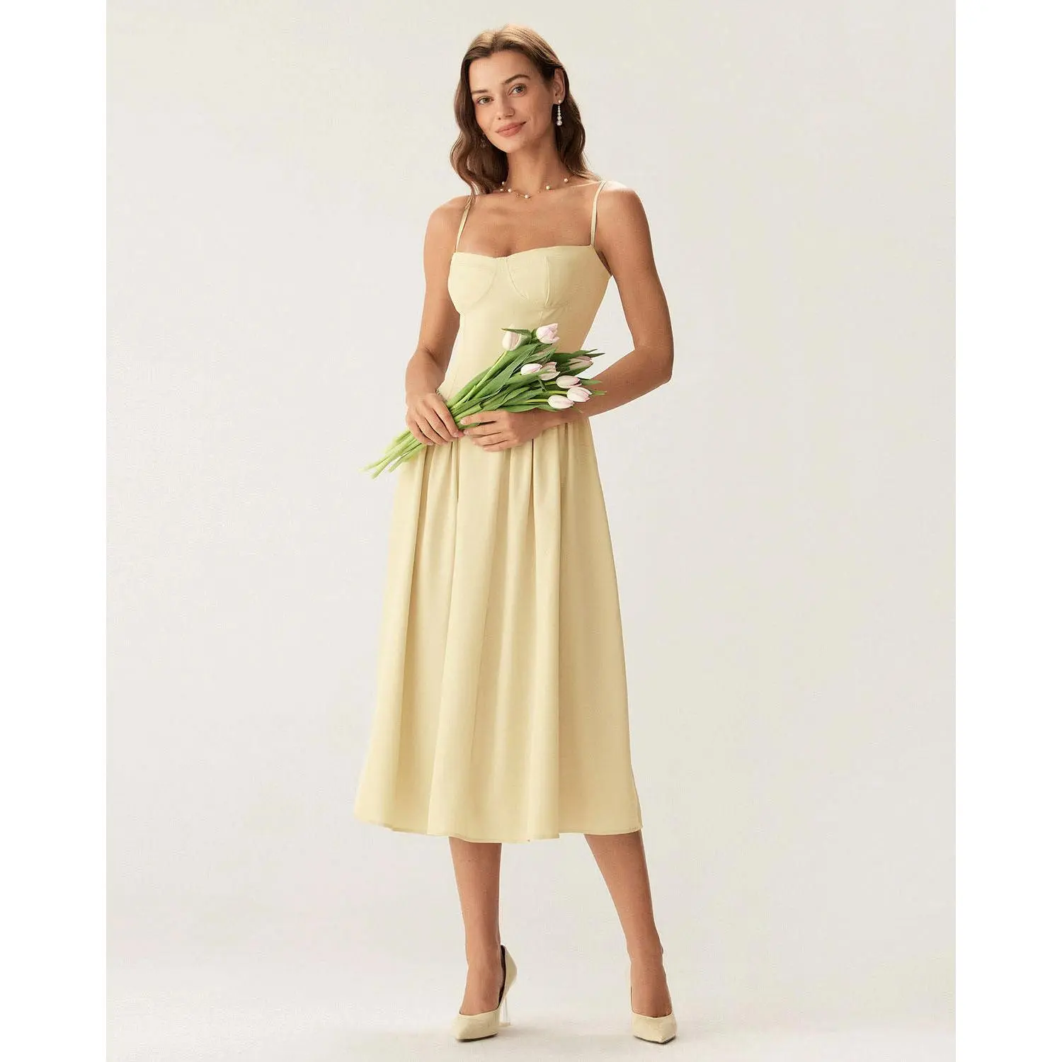 Rihoas Women's Waisted Minimalist Sleeveless Soft Yellow Square Neck Pocket Slip Midi Dress Polyester Fabric, Classy Comfortable Effortless Everyday Casual Dresses, Classy Casual Dresses, Comfortable Casual Dresses
