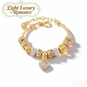 Gold Heart Bracelet, Rhinestone Inlaid Large Hole Beads, Crystal Heart Pendant, Elegant and Versatile Beaded Bracelet for Women, Jewelry Gift