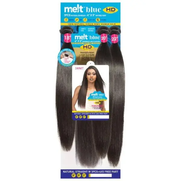 Janet Collection Melt Blue 100% Remy Human Hair NATURAL STRAIGHT Weave 3pcs + 4x5 Free Part Closure
