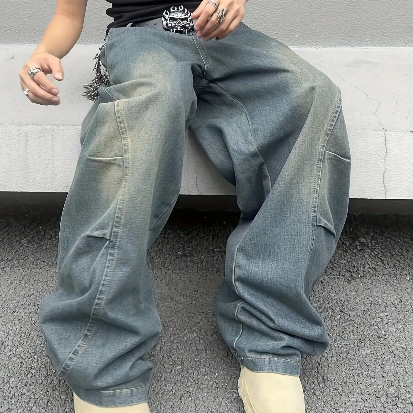 Men's Oversize Baggy Solid Denim Overalls - Casual Fashion Cotton Blend Smooth Fabric, Loose Long Pockets, Dadcore Streetwear, Knee Length, Hand Wash/Dry Clean Compatible for Daily Wear, Trouser