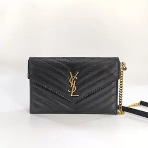 Pre-owned Yves Saint Laurent Leather Shoulder Bags Black Chevron Quilted Grained Envelope Small Wallet on Chain Bag BF0040 NO1