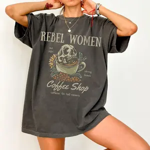 Rebel Women Coffee shop graphic tee, vintage wash skull tshirt, grunge alternative tee, trendy hipster tee, retro women empowerment gift