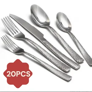 20Pcs Silvery Hammered Western Cutlery Set Dishwasher Safe for Home Wedding Restaurant Use Elegant Finish Versatile Utensils