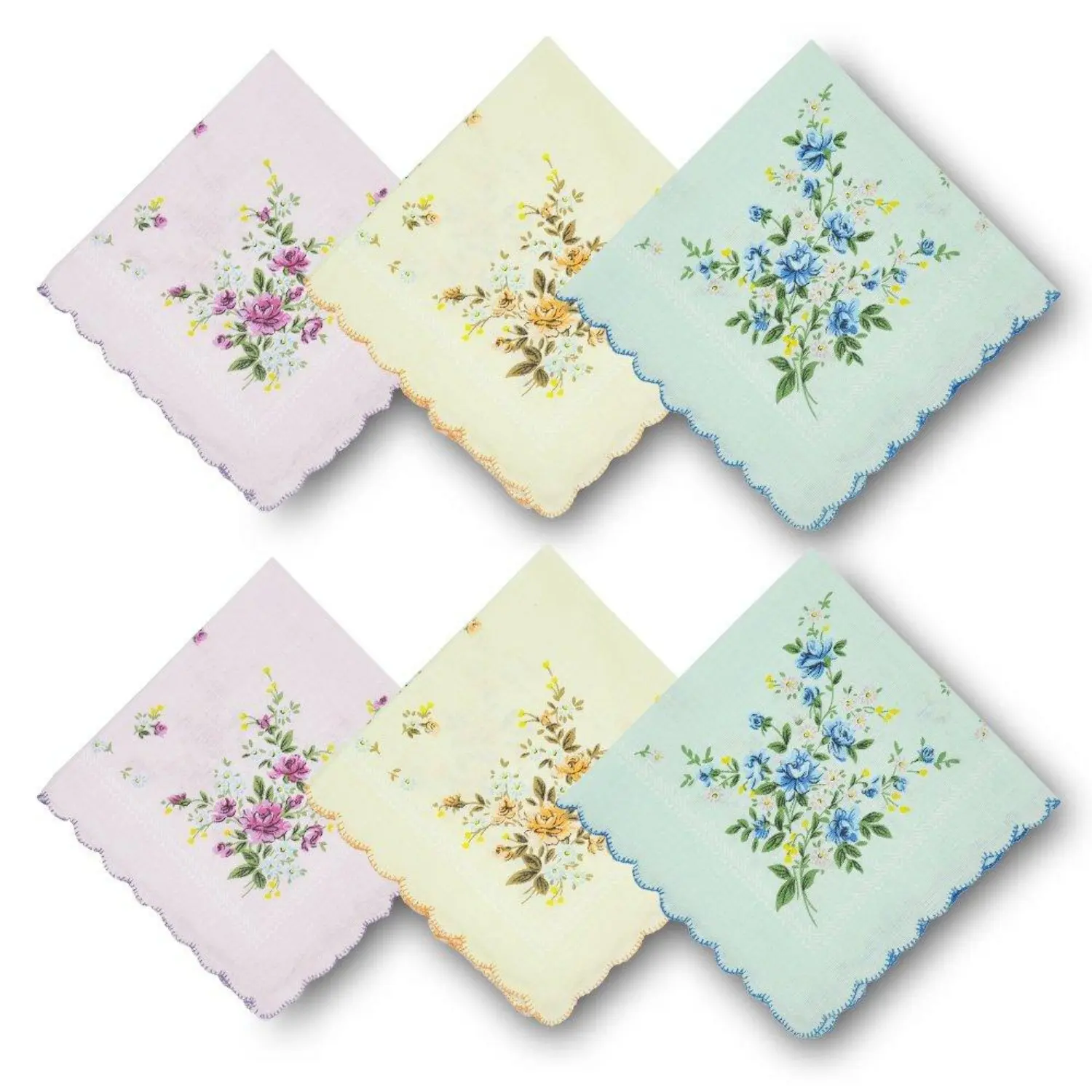 Women's 6PCS 11.8in Vintage Floral Print Cotton Handkerchiefs - Crescent-Wavy Edge, Lightweight, Absorbent, Assorted Colors/Patterns, Hand Washable, Female Adult Daily Wedding Graduation Fashion Accessories