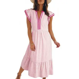 Womens Dresses 2026 Summer V-Neck Ruffle Cap Sleeve Empire Waist Flowy Striped Beach Midi Maxi Dress with Pockets.....