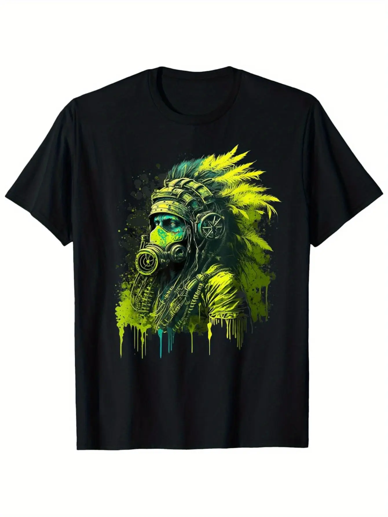 Men's Cotton Soft Casual Fit Round Neck Short-Sleeve T-Shirt - Classic Retro Native American Tribal Art Print, Black with Yellow & Green Design, Protective Fabric All-Seasons Top, 2XL/3XL/5XL, for Outdoor & Office Commute