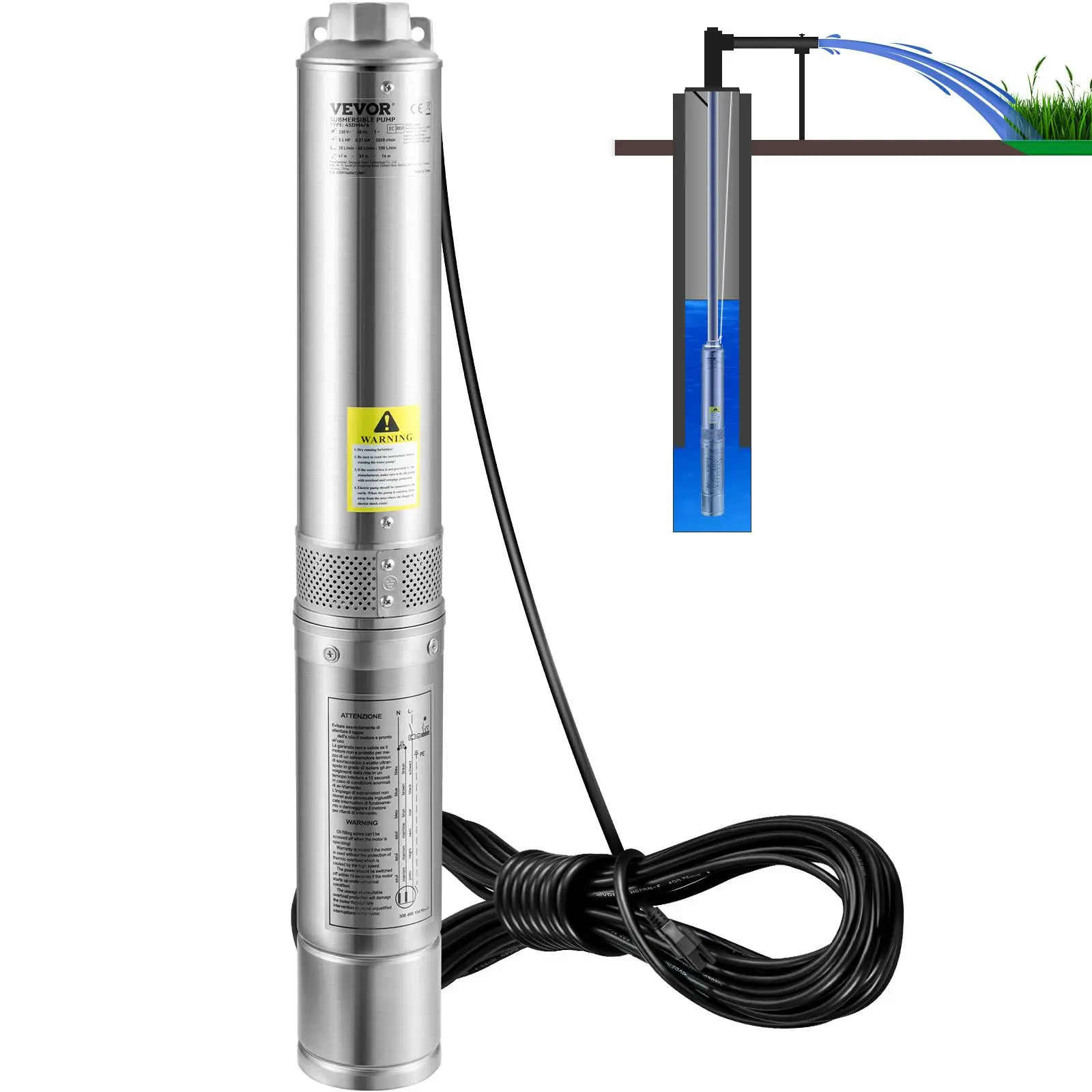 VEVOR 4-Inch Rust-Resist Stainless Steel Enclosed Deep Well Submersible Pump, 0.5HP, 115V/60Hz, 28GPM Flow, 167ft Head, 33ft Cord, IP68 Waterproof, Overheat Safe, Check Valve, Great for Home Irrigation and Gardens, Rivers [Summerfinds]