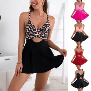 Women's Leopard Print Criss Cross Cami One-piece Swimsuit, Sleeveless Swimsuit, Casual Cut Out Tie Back One-piece Swimwear, Ladies Summer Beach Holiday Swimwear