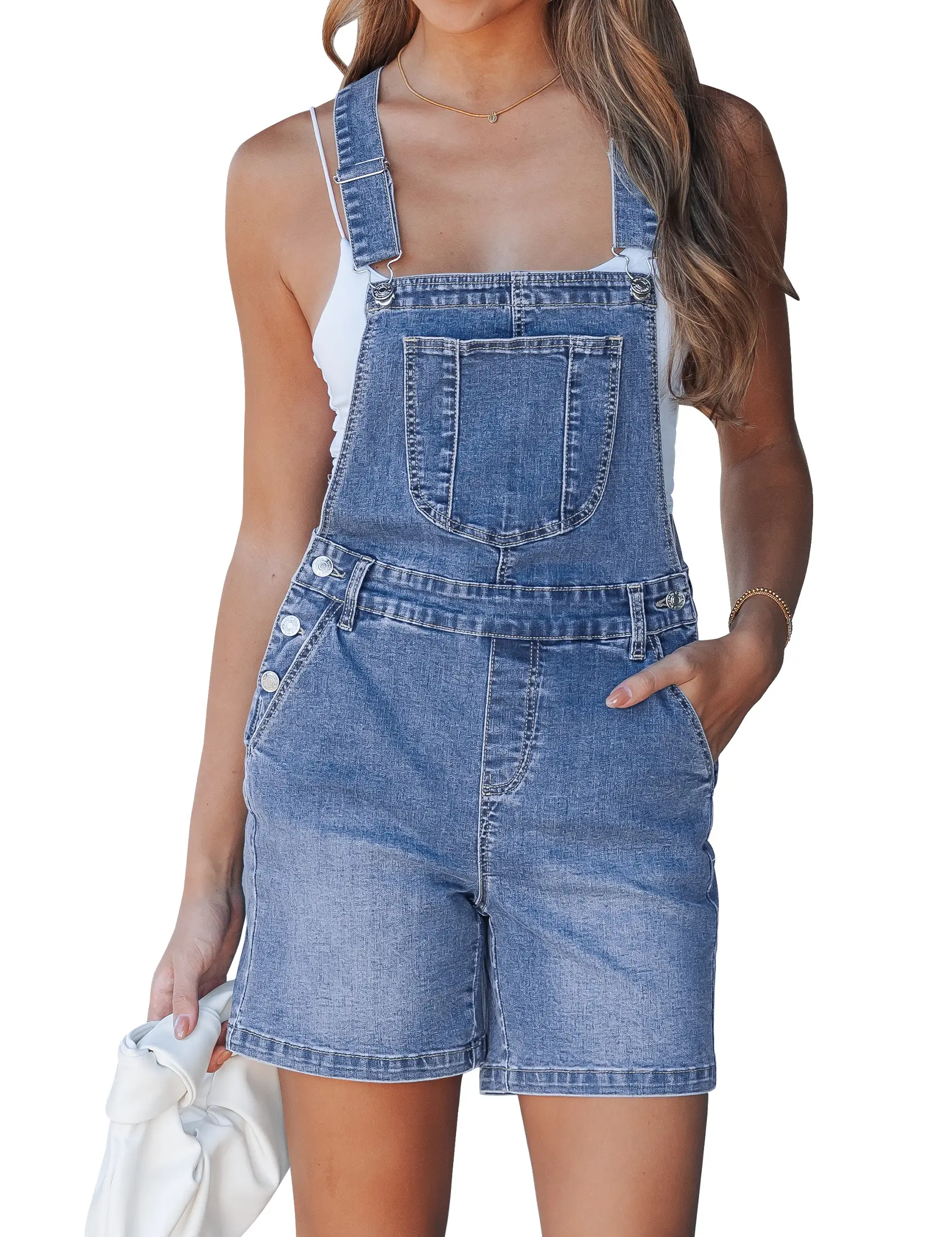 luvamia Women's Relaxed Fit Stretchy Denim Bib Shortalls with Adjustable Straps and Casual Side Button Detail, Strap, Button Detail Overalls Shorts, Overalls For Women, Adjustable Straps Fit You