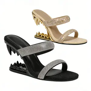 Metalic Heeled Sandals Women Shark Teeth Heel Open Toe Pumps Stylish Slip On Heeled Slippers Summer Vacation Beach Dress Casual Shoes for Girl Footwear