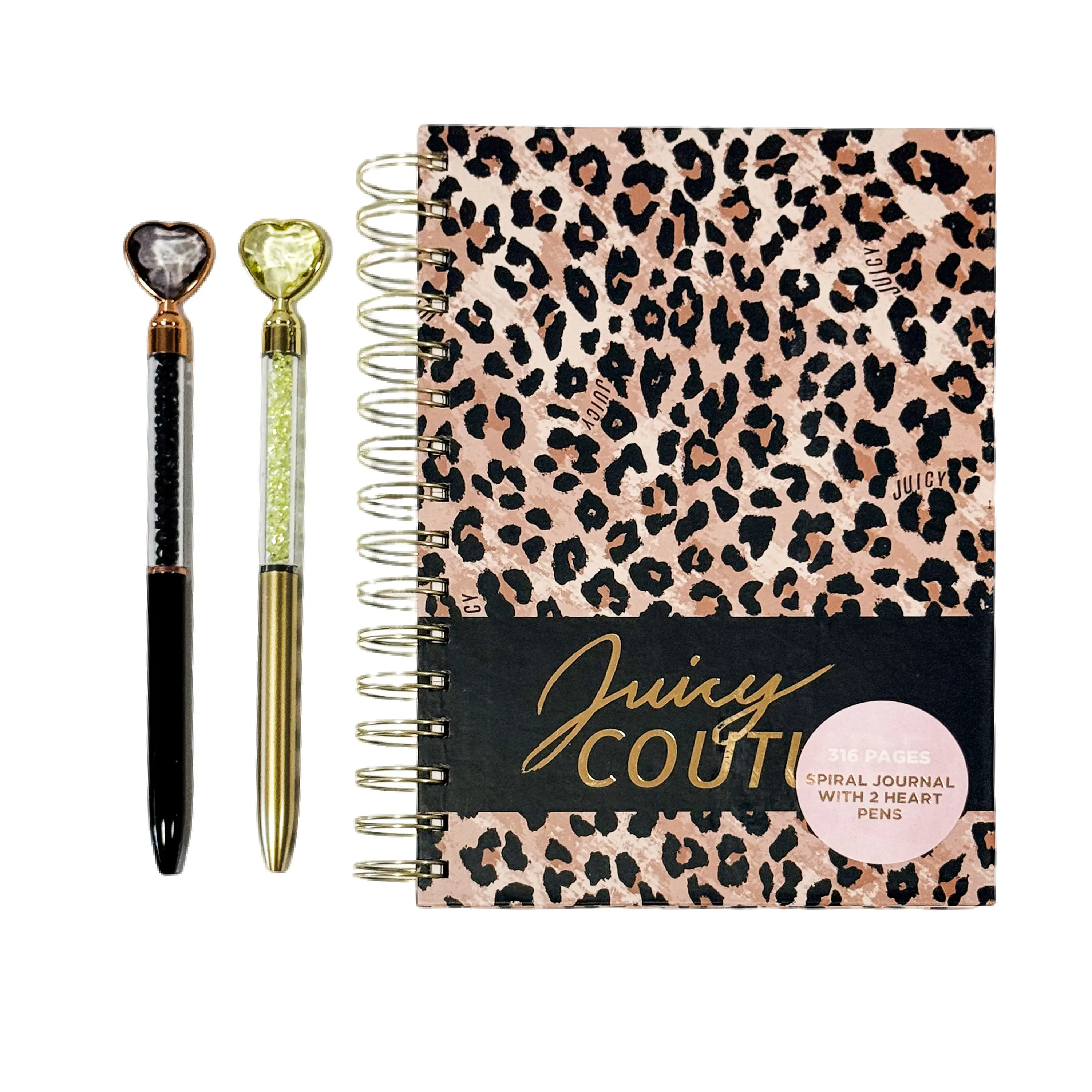 Juicy Couture Cheetah Print Notebook Set with 2 Smooth Writing Retractable Heart Gel Pens, Office Stationery Supplies, Writing Stationery