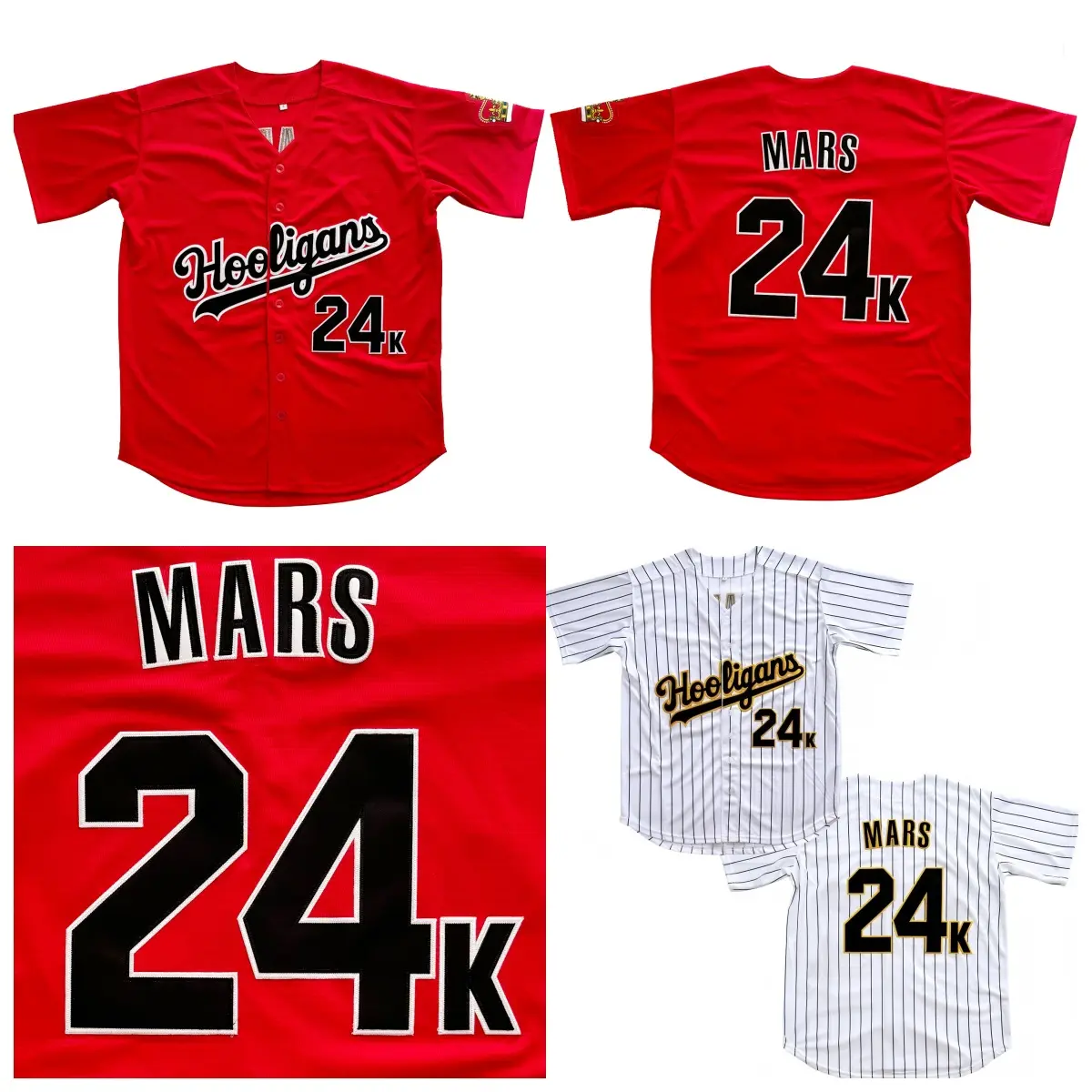 24K Mars Red And White Hooligans Hip Hop Rap Baseball Jersey Embroide ...