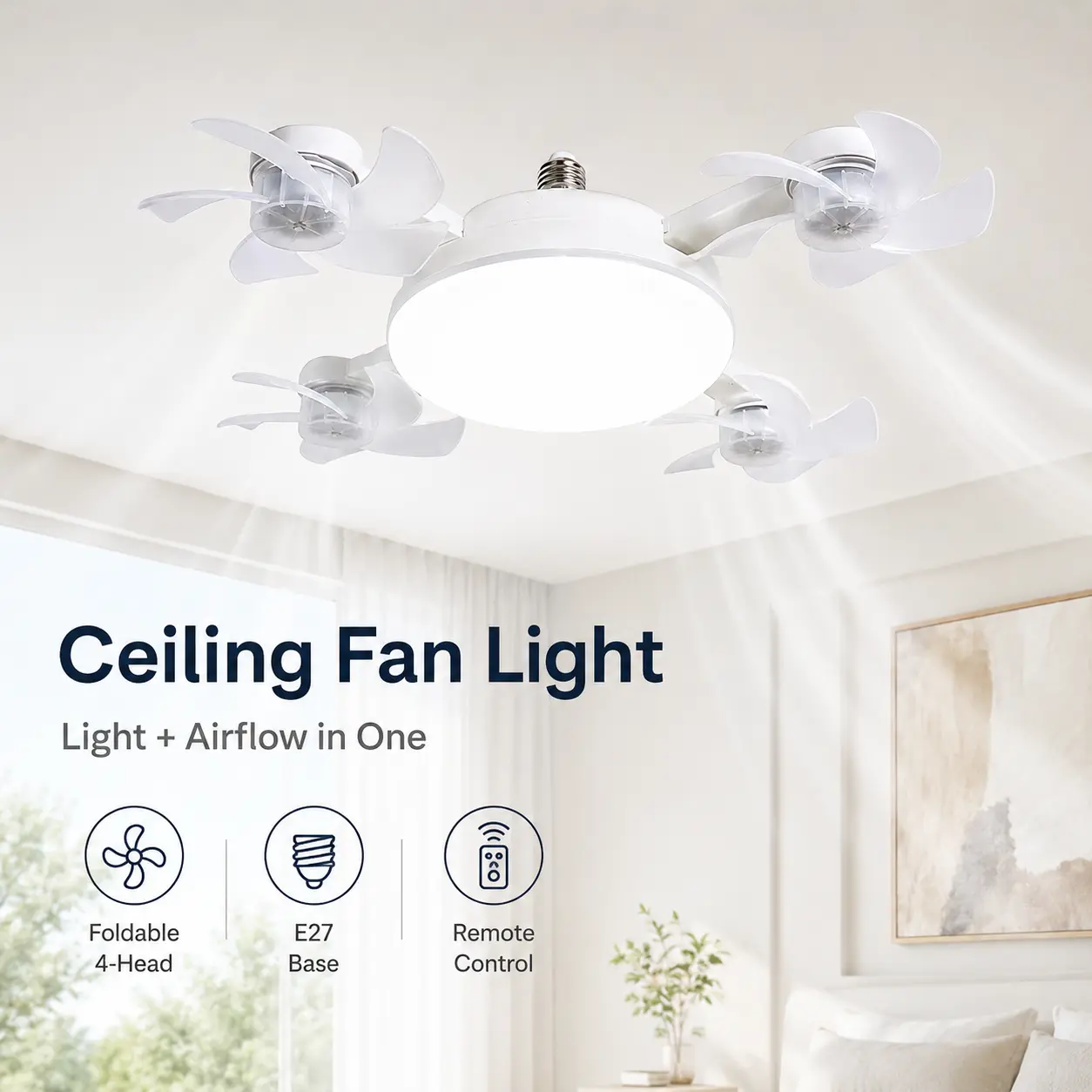 Drone-Look LED Flush Mount Ceiling Fan Light with Foldable Heads, Remote Control, E27 Base Fixture - LED Lighting Solution for Bedroom, Room Decor
