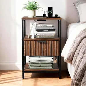 1 Set Dark Walnut Ironwood Bedside Table with US Power Supply - Grille Design, 1 Drawer 2 Shelves, Density Board+Iron Pipe Triamine&Vacuum Forming