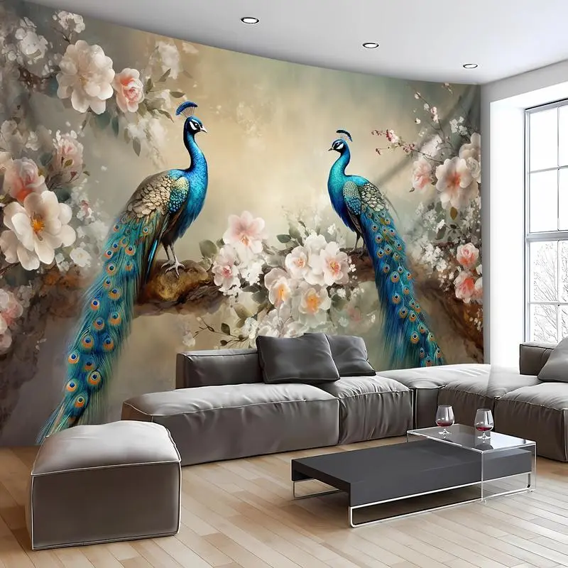 1 Sheet Oversized Elegant Peacock & Floral Print Wall Hanging Tapestry, Woven Peach Skin Velvet Polyester Fabric, Animal-Themed Indoors Room Art, Easy Hang Setup Home Decor for Living Room, Bedroom