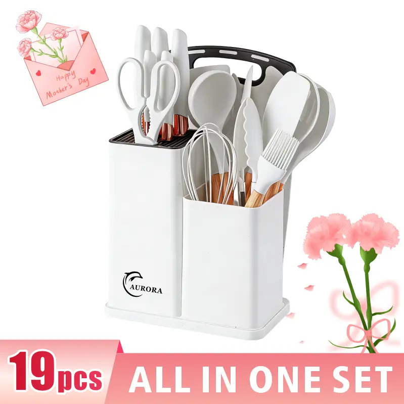 SummerVibesGalentinesDay Kitchen Utensils Set, 19pcs/set Including SiliconeCooking Utensils Set & Holder & Cutting Board,Non-stick Cookware Set, Modern CookingUtensils Set for Home Kitchen Black Wooden Spatulas Wooden Lid Spoon White Pink