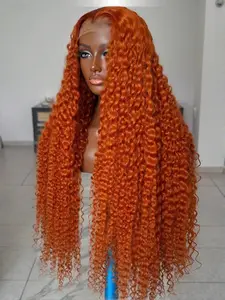 32 Inch Ginger Orange Lace Front Wigs Human Hair Deep Wave 13x6 HD Transparent Lace Frontal Curly Wig 180% Density Copper Water Wigs Human Hair Burnt 350 Glueless Wet Wavy Colored Wig for Women