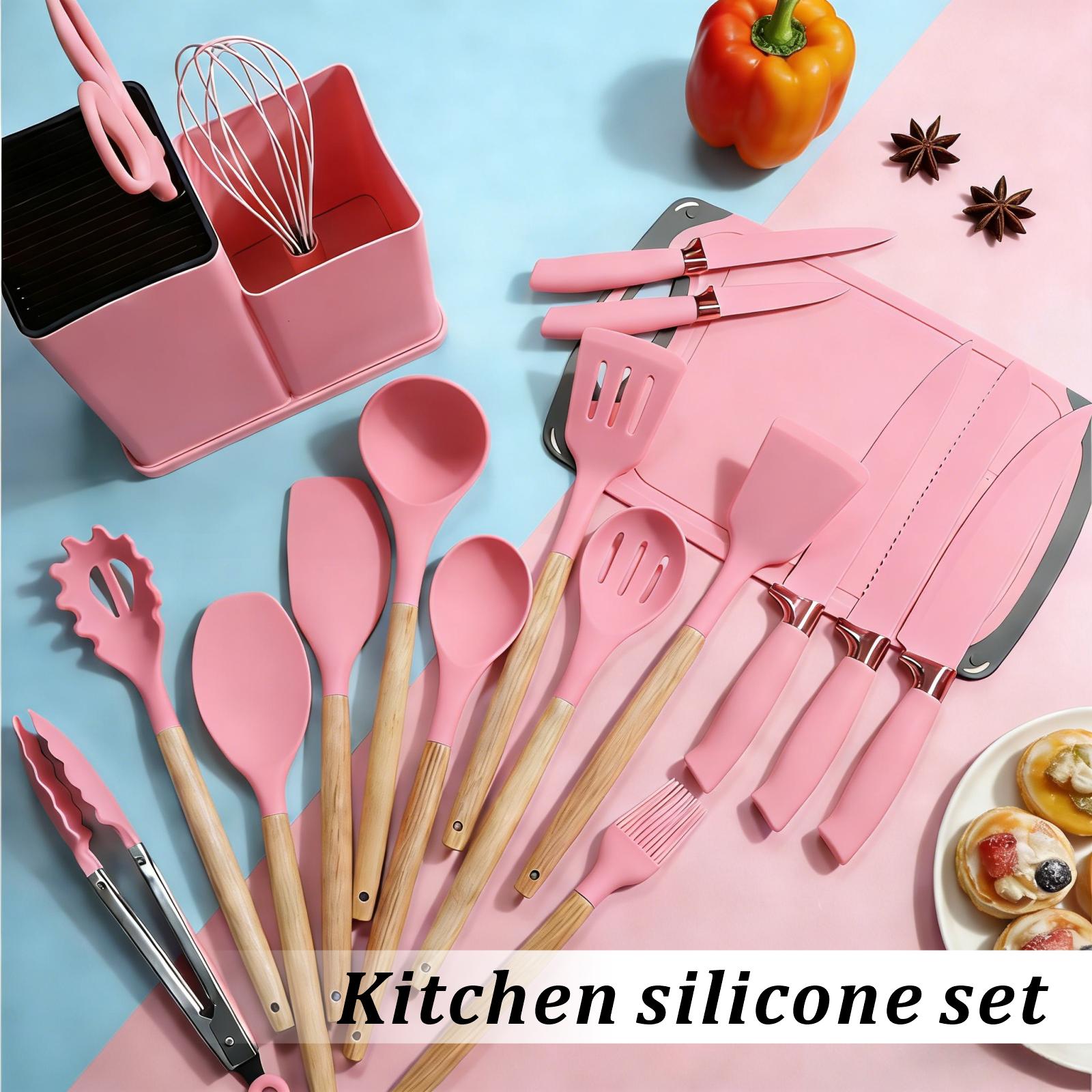 19-Piece Kitchen Knife Set with Heat-Resistant Silicone Cutlery & Wooden Handles - Includes Chef Knife, Non-Stick Compatible Tools, pots pans set Valentine's Day and More Cookware non stick pots and pans Kitchenware Nonstick Ladle Stylish White Pink